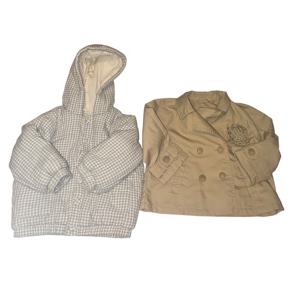 Quincy Mae Gingham Puffer Jacket & Baby Gap Trench Coat Bundle 18-24 Months